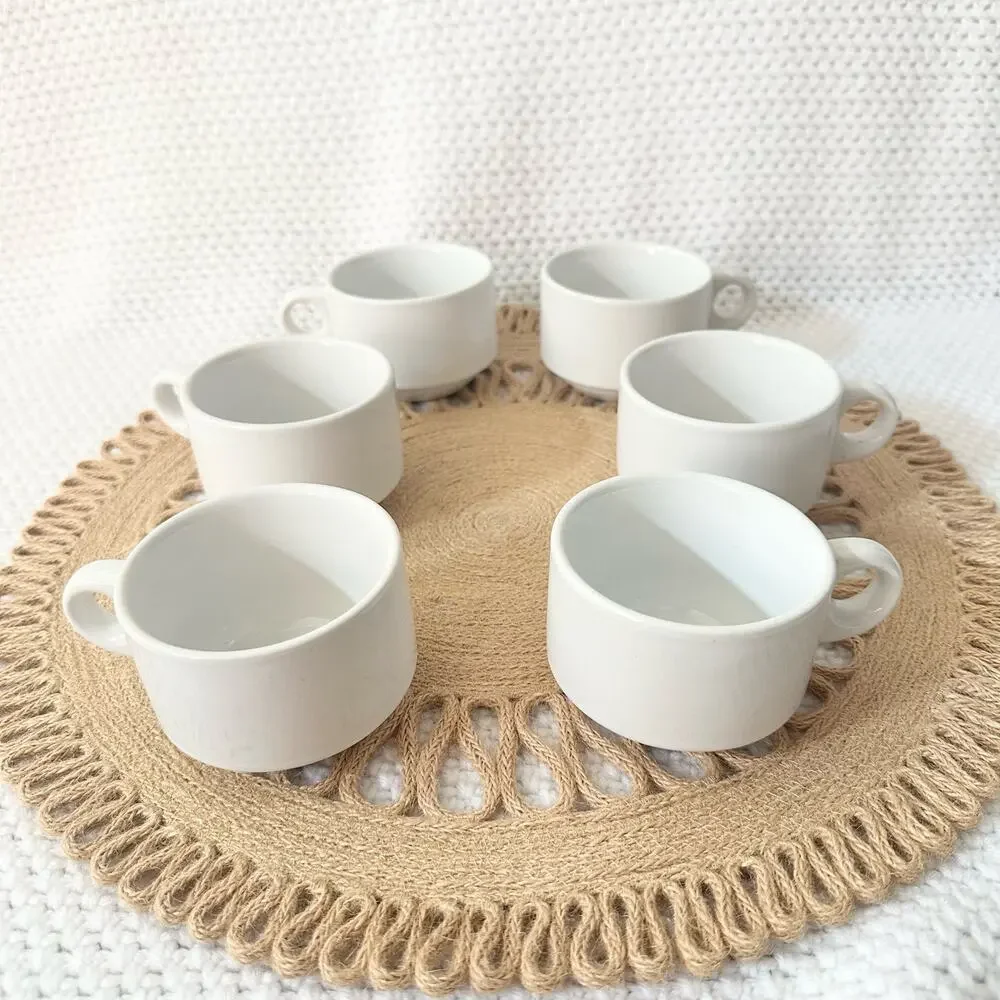 Pier 1 Solid White Stackable Stoneware Coffee Espresso 6 Piece Set Silver Rack